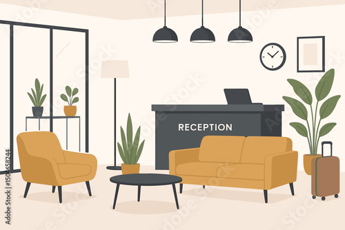Flat vector graphic of a modern hotel reception and waiting lounge. Features include a check-in desk, sofa, armchair, plants, suitcase, and stylish interior design elements.
