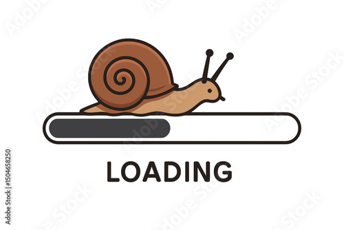 Slow loading concept vector illustration with a cute cartoon snail crawling on a progress bar, symbolizing waiting time, delay, patience, and slow internet connection or download speed.