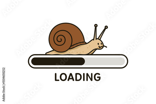 Cute cartoon snail crawling slowly on a loading progress bar symbolising slow internet connection, website loading delay, download buffering, or waiting for progress. Vector illustration.