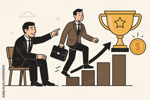 Mentorship concept vector art showing senior manager pointing way up growth chart for junior businessman with briefcase aiming for trophy and financial success achievement.