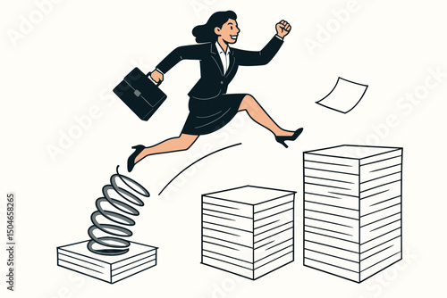 Vector illustration of a motivated businesswoman in a suit leaping from a springboard over document piles, representing career success, ambition, promotion, and overcoming obstacles.