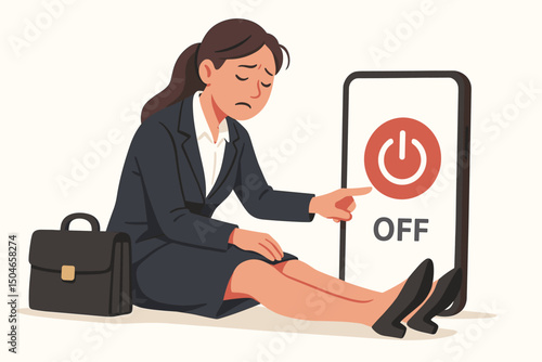 Tired corporate woman takes a digital detox break, switching off her mobile phone to disconnect from constant connectivity, stress, and prevent burnout. Work-life balance concept vector.