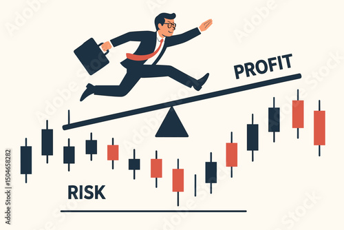 Investor balancing risk versus profit on seesaw above financial candlestick chart. Business strategy, stock market trading, investment decision, financial analysis vector concept.