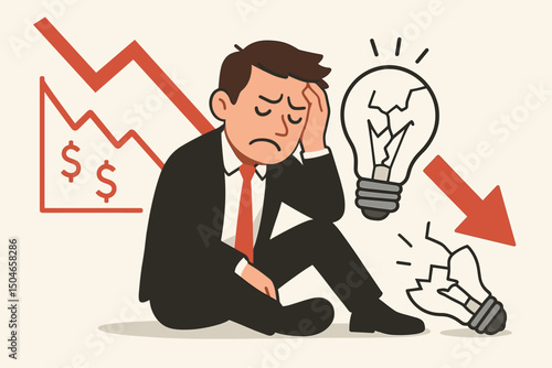Frustrated businessman sits depressed during financial crisis, surrounded by falling stock chart and broken lightbulb symbolizing failed ideas and economic downturn vector illustration.