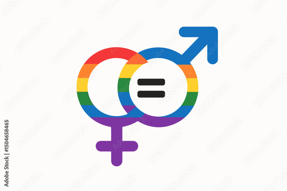 LGBTQ+ Gender Equality Symbol Vector Illustration with Rainbow Flag Colors and Male Female Signs Interlocked Showing Equal Rights, Diversity, Inclusion, and Human Rights Awareness Concept. LGBTQ+ Gender Equality Symbol Vector Illustration with Rainbow Flag Colors and Male Female Signs Interlocked Showing Equal Rights, Diversity, Inclusion, and Human Rights Awareness Concept.
