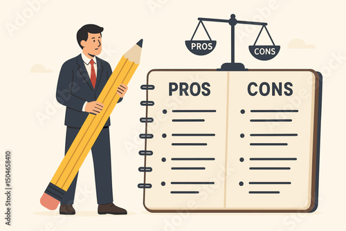 Businessman holding large pencil weighs pros and cons on scale and notebook for business decision analysis, comparing advantages and disadvantages in flat vector illustration style.