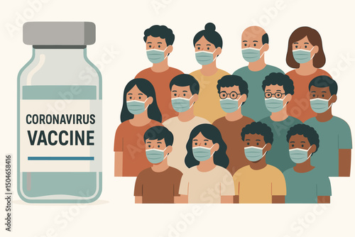 Public health concept illustration featuring a Coronavirus vaccine vial and a diverse crowd wearing protective face masks, representing mass vaccination, immunization, and pandemic safety.