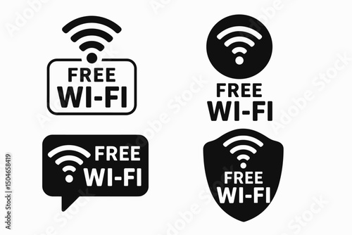 Vector illustration set featuring four distinct black Free Wi-Fi signs and icons. Perfect for indicating wireless internet hotspot access in public spaces, restaurants, or offices.