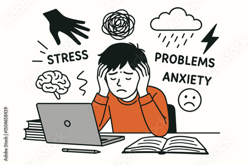 Teen Mental Health Concept: Vector illustration of a stressed adolescent experiencing anxiety, burnout, and pressure from school or social life, symbolizing youth challenges and turmoil.