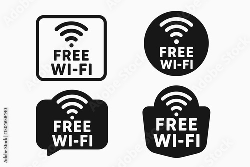 Set of black Free Wi-Fi vector icons for signs and stickers. Includes square, circle, speech bubble and cloud shapes. Perfect for marking public wireless internet hotspots and access zones.