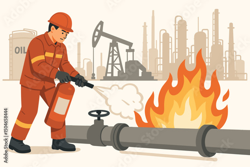 Oil industry worker in safety gear extinguishing a hazardous pipeline fire near an oil refinery complex, illustrating industrial emergency response and safety procedures vector.