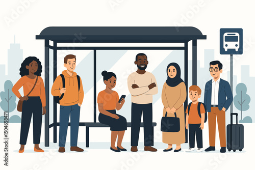Flat design vector illustration showing a diverse community of people, including various ethnicities and ages, patiently waiting together at a modern urban bus stop station.
