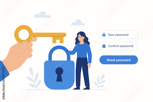 Flat vector illustration depicting password security and reset. Woman holds padlock, hand offers key near login form for new password confirmation. Cybersecurity and data access concept.