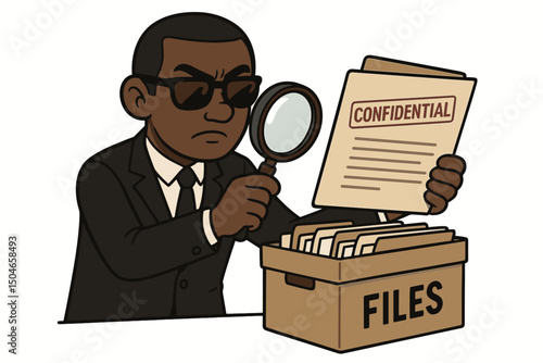 Vector cartoon of a secret agent or spy carefully examining confidential documents from a file box using a magnifying glass. Business security, investigation, espionage concept.