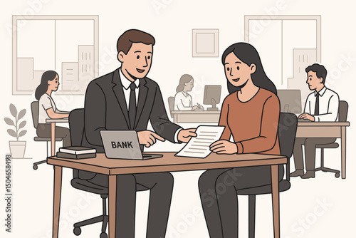 Smiling bank employee provides financial consultation to a female client, reviewing paperwork for a loan agreement or investment plan in a busy office environment vector scene.