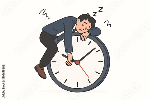 Overworked office worker asleep on giant clock, conceptual vector art depicting professional burnout, exhaustion from deadlines, and the struggle with time management.