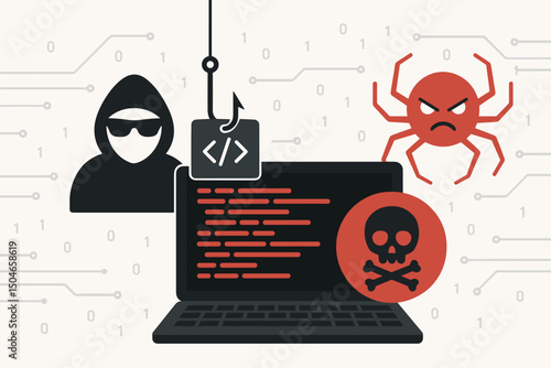 Cybersecurity threat concept with hacker, phishing attack, malware spider, and infected laptop vector. Illustrates digital crime, data breach risk, and computer virus warning.