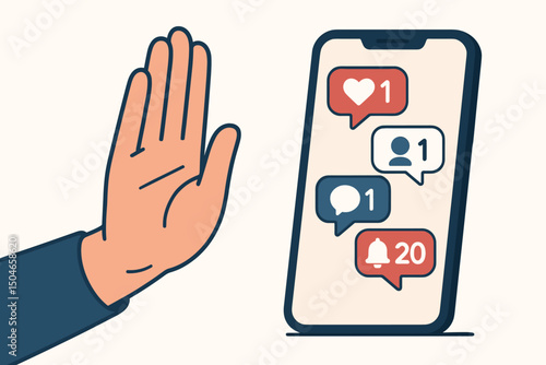 Stop social media notifications concept. Hand blocking smartphone displaying like, follower, comment, alert icons. Digital detox, screen time limit, technology addiction vector art.