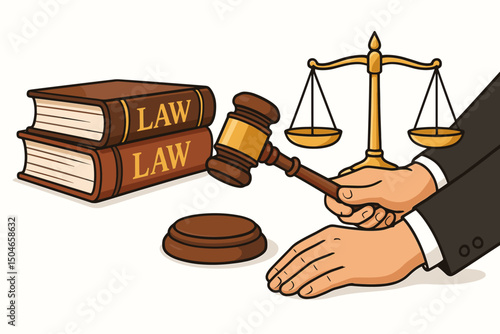 Vector illustration of justice symbols including judge hands holding gavel, scales of justice, and law books, representing legal judgment, courtroom authority, fairness, and law concepts.