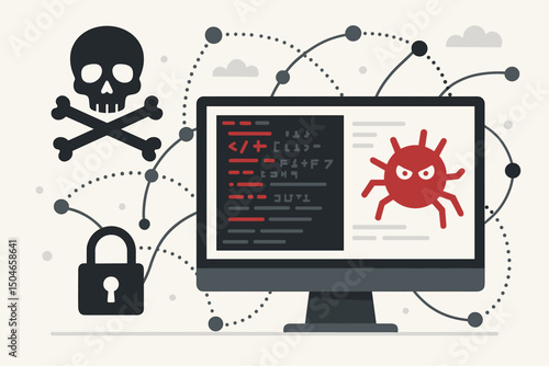 Cyber threat alert vector illustration showing a computer screen infected with malware, surrounded by network connections, a skull icon representing danger, and a padlock symbolizing security breach.