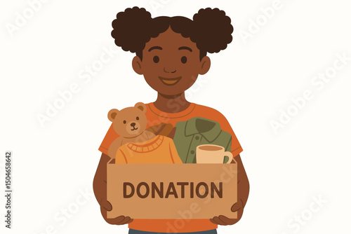 Smiling young Black girl holding a cardboard donation box filled with clothes, teddy bear, and mug for charity, illustrating volunteering, giving, and community support vector.