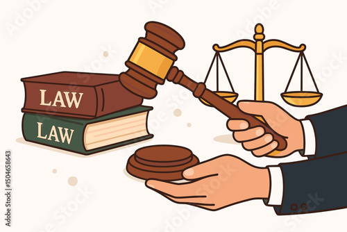 Justice and Law Symbolism Illustration with Judge's Gavel, Scales, and Law Books Representing Court Decisions, Legal Authority, Fairness, and the Judicial System Vector Art.