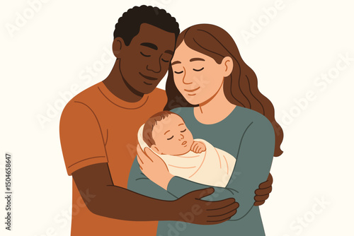 Tender vector illustration of a diverse, interracial couple, a Black man and White woman, lovingly holding their newborn baby, symbolizing family unity, love, and new beginnings.