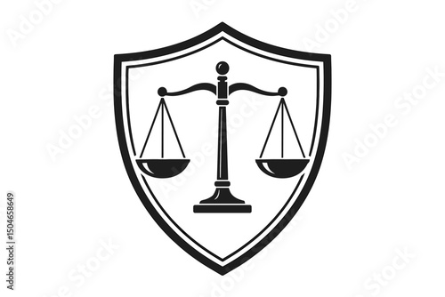Scales of justice vector icon set within a protective shield silhouette. This black and white symbol represents law, legal defense, court systems, fairness, balance, and judicial authority.