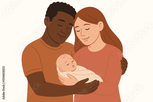 Loving multiracial couple, Black father and White mother, tenderly embracing their newborn baby. Happy mixed-race family illustration showing parental love, unity, and diversity.