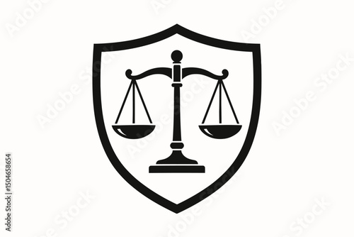 Justice scales protected by a shield, vector graphic icon. Simple black silhouette illustration symbolizing law, legal defense, court, fairness, balance, security, and attorney representation.
