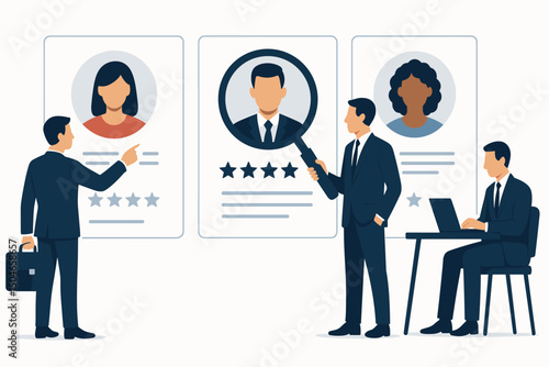 Human resources team conducting recruitment process, evaluating diverse candidate profiles. Managers reviewing resumes, selecting talent with magnifying glass, analyzing skills for job hiring.