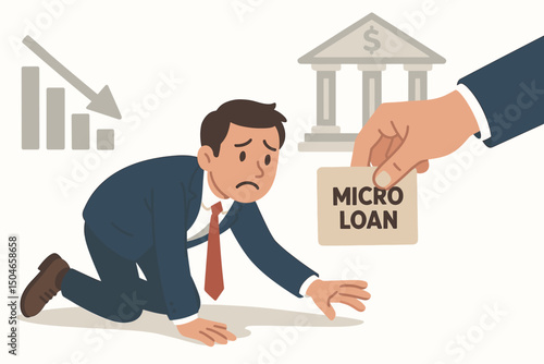 Bank offers microloan assistance to a struggling businessman facing financial failure, depicted by a declining graph, offering a lifeline during economic hardship vector graphic.