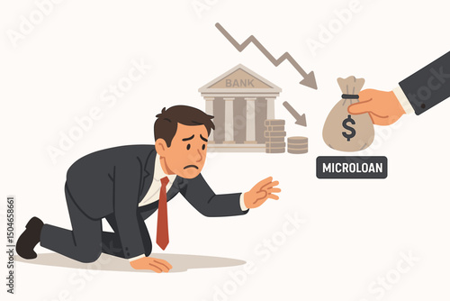 Financial desperation concept with a businessman crawling for a microloan money bag, rejected by the bank amid economic downturn, symbolizing poverty, debt, and urgent credit need.