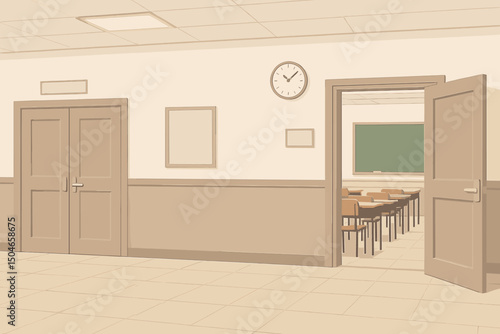 Vector Illustration Depicting a Serene School Hallway Interior with an Open Door Revealing an Empty Classroom, Complete with Desks, Chairs, and a Traditional Chalkboard.