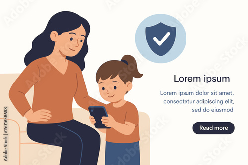 Vector illustration showing mother guiding daughter on smartphone with security shield icon. Concept for parental control, internet safety for kids, and responsible tech use.