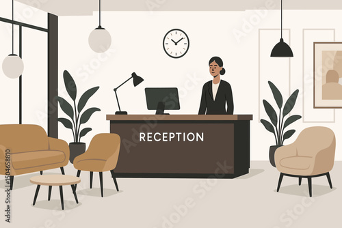 Flat vector illustration of a modern hotel lobby featuring a female receptionist at the front desk, a stylish waiting area with chairs and plants, and contemporary interior design.