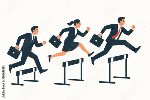 Corporate race concept with diverse business team jumping hurdles. Vector illustration of professionals overcoming obstacles, facing challenges, and striving for success and ambition.