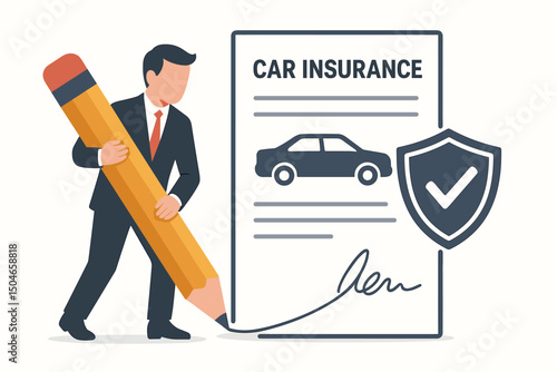Car insurance agreement vector illustration. Businessman uses large pencil to sign auto policy contract, symbolizing vehicle protection, financial security, and coverage approval.