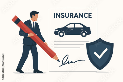 Vector illustration concept of signing a car insurance agreement. Businessman uses a giant pencil to put signature on auto policy document next to protection shield symbol.