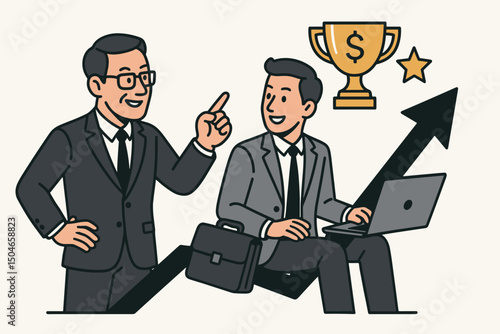 Experienced business coach mentors young professional with laptop, symbolizing career growth and financial success with upward arrow, trophy, and star vector graphic.