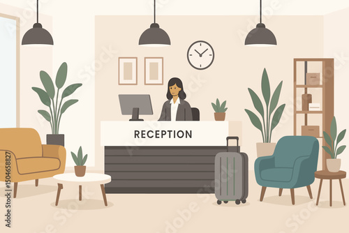 Modern hotel reception lobby interior with female receptionist at desk, comfortable waiting area seating, luggage, and plants. Flat vector illustration for hospitality and travel concepts.