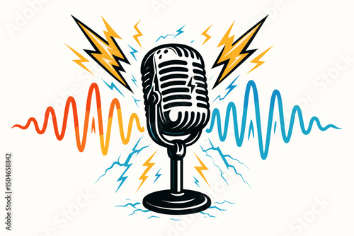 Dynamic vintage microphone vector illustration emitting vibrant audio sound waves and electric lightning bolts. Represents podcasting, radio broadcasting, music production, powerful voice.