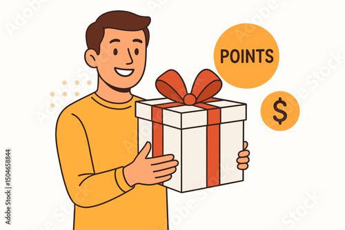 Smiling man clutches a gift box reward earned through a loyalty program, with points and dollar icons representing bonuses. Vector illustration for customer appreciation and marketing.