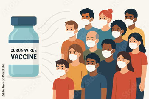 Herd immunity concept vector art showing diverse people in masks protected by Coronavirus vaccine. Global vaccination campaign for COVID-19 pandemic prevention and safety.
