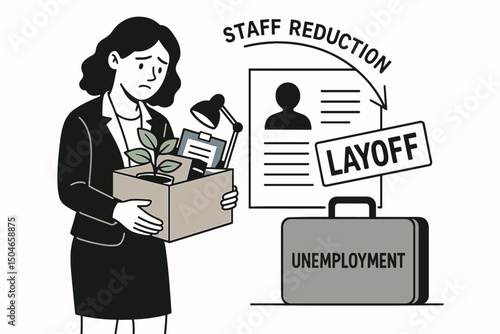 Job loss concept vector illustration showing a sad dismissed female employee holding a box of items after layoff and staff reduction, facing unemployment and career uncertainty.