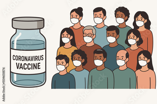 Public health concept vector illustration showing diverse people in face masks next to Coronavirus vaccine vial. Representing vaccination, community protection, herd immunity, pandemic response.