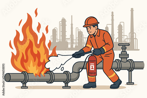 Brave oil refinery worker in protective gear uses a fire extinguisher to combat a dangerous blaze on an industrial pipeline, vector illustration highlighting safety procedures.