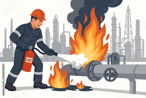 Industrial worker extinguishing a pipeline fire at an oil refinery using an ABC fire extinguisher. Flat vector illustration showing emergency safety procedures in the petroleum industry.