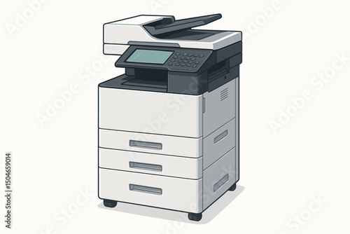 Modern office multifunction printer and copier illustration. Detailed vector graphic of business equipment with scanner, isolated for corporate documents and printing tasks.