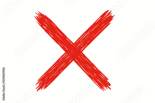 Sketched red X mark vector graphic, hand-drawn crayon cross symbol for indicating error, incorrect choice, cancellation, rejection, or voting no, isolated design element.